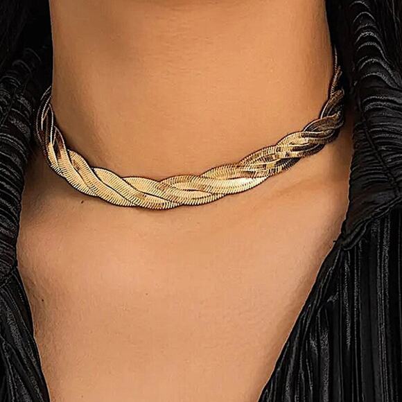 Gold Twisted Herringbone Choker, Necklace Thick, Statement - Picture 2 of 4
